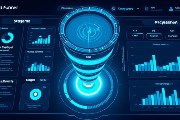 precise lead funnel, optimizing flow, guiding customers through stages, photorealistic, futuristic digital dashboard with holographic elements, highly detailed, illuminated funnel graphics, top-down perspective, vivid blue-green palette, ambient glow lighting, shot with a 24mm lens.