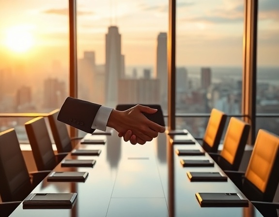 successful lead conversion, sealing the deal, finalizing transactions, photorealistic, elegant corporate boardroom with views of the city skyline, highly detailed, closing handshake, crystal clarity, golden hour tones, soft backlighting, shot with a 135mm lens.