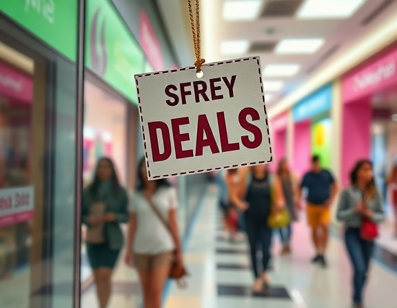 eye-catching deals sticker, playful, sticking to surfaces, photorealistic, busy shopping mall corridor, highly detailed, reflective surfaces and moving shoppers, delicate textures, vivid green and pink contrasts, diffused overhead lighting, shot with a macro lens