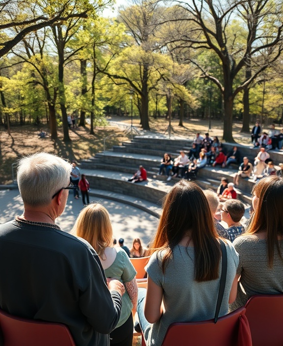 interactive engagement event, dynamic, facilitating group discussions, photorealistic, open-air amphitheater surrounded by nature, highly detailed, animated conversations, Olympus OM-D E-M1 Mark III, refreshing spring colors, dappled sunlight, shot with a 12mm wide-angle lens.