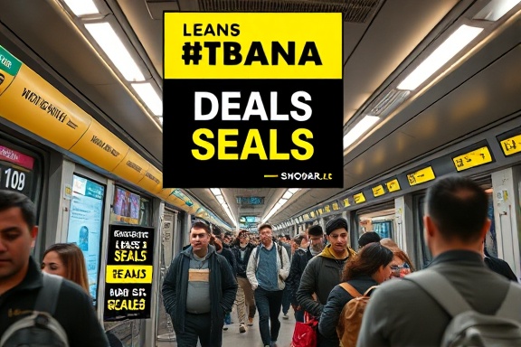 modern deals poster, appealing, promoting offers, photorealistic, subway station packed with commuters, highly detailed, digital display screens and people in motion, dynamic composition, bold yellow and black color scheme, fluorescent lighting, shot with a standard lens