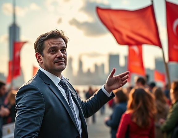 dynamic business ads, confident expression, presenting to a crowd, photorealistic, open-air presentation space with city skyline, highly detailed, banners fluttering in the wind, bright color accents, chiaroscuro lighting, shot with a 105mm lens.