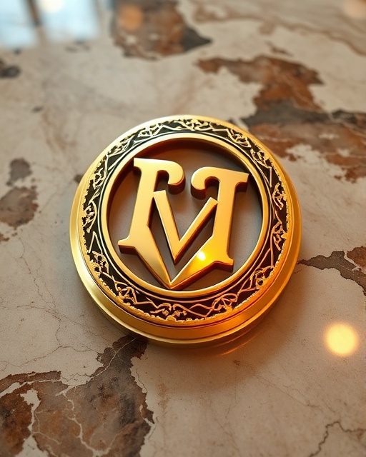 luxurious premium logo, bold expression, standing out, photorealistic, on a marbled surface with ambient reflections, highly detailed, intricate patterns, luminous gold and silver contrast, focused studio lighting, shot with a wide-angle lens.