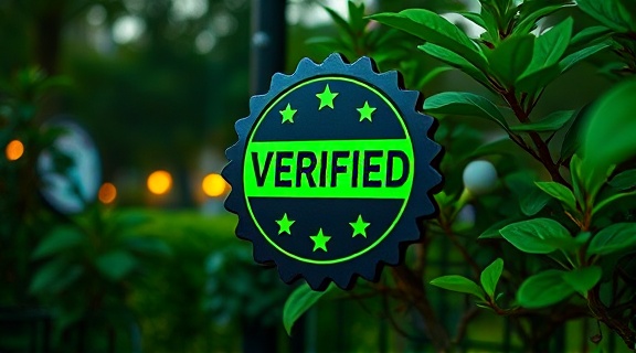 futuristic verified badge, curious, pulsating, photorealistic, in an urban park with lush greenery, highly detailed, leaves rustling gently, hyperrealistic colors, neon green, dynamic evening lighting, shot with a zoom lens.