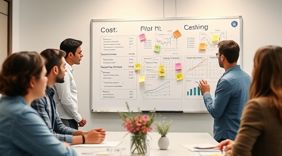 collaborative cost comparison, team-focused, sharing price insights, photorealistic, meeting room with diverse team analyzing on whiteboard, highly detailed, sticky notes and graphs, interactive, soft pastels, diffuse lighting, shot with a 50mm prime lens