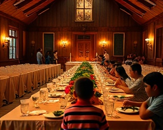 warm community connection, joyous, sharing a meal at a community dinner, photorealistic, large hall with long tables and decorations, highly detailed, children playing in the background, Fujifilm GFX 100, candlelight glow, warm atmospheric lighting, shot with an 85mm lens.