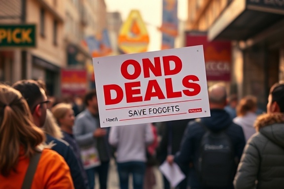 bold deals flyer, engaging, distributing to crowds, photorealistic, lively street market, highly detailed, fluttering papers and passerby reactions, soft focus, warm orange and purple tones, natural sunlight, shot with a prime lens