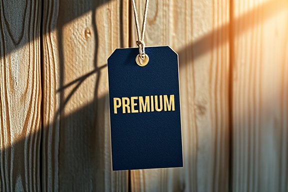 sophisticated premium tag, proud expression, hanging gracefully, photorealistic, on a rustic wooden backdrop with soft sunrays, highly detailed, textured fabric and foil imprint, rich deep blue, natural sunlight illumination, shot with a prime lens.