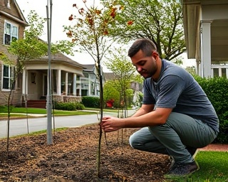 dedicated community volunteer, focused, planting trees, photorealistic, suburban street lined with houses and gardens, highly detailed, leaves blowing in a gentle breeze, Sony A7R IV, earthy tones, overcast natural lighting, shot with a 24-70mm lens.