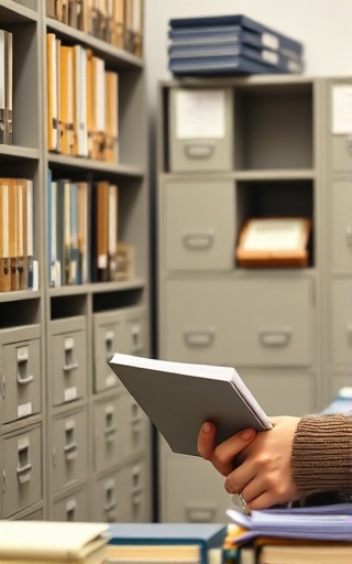 organized business catalog, contemplative expression, arranging documents, photorealistic, neat workspace with filing cabinets and shelves, highly detailed, papers slightly rustling, neutral tones, diffused lighting, shot with a 85mm lens.