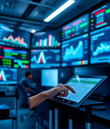 comprehensive business database, analytical expression, navigating on a tablet, photorealistic, modern tech room with screens displaying data streams, highly detailed, data flowing around, cool color palette, ambient lighting, shot with a 24mm lens.