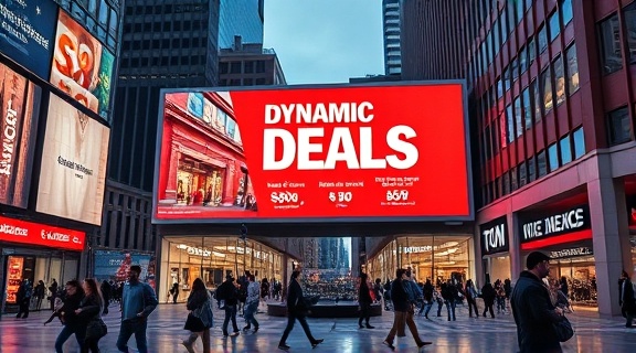 dynamic deals ad, persuasive, showcasing discounts, photorealistic, digital billboard in a city square, highly detailed, sweeping panorama and varied pedestrian interactions, high contrast, sleek metallic and red accents, ambient evening lighting, shot with a telephoto lens