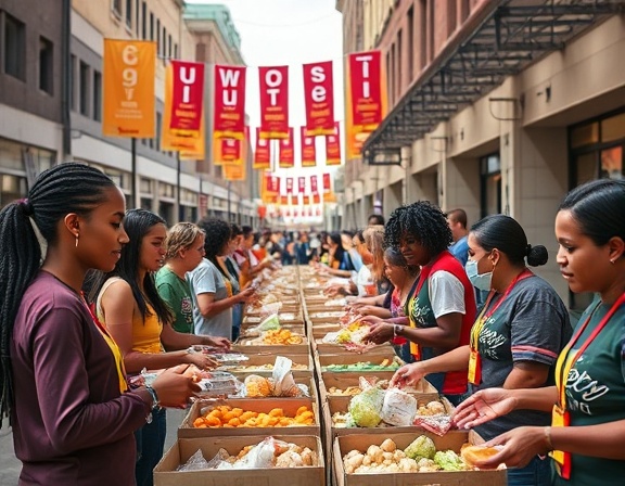 enthusiastic engagement event, lively, volunteers distributing food, photorealistic, urban community center with banners, highly detailed, people with diverse backgrounds assisting, Nikon D850, bright afternoon hues, soft diffused lighting, shot with a 35mm prime lens.