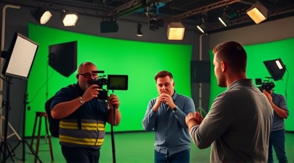 eye-catching business ads, charismatic expression, filming a commercial, photorealistic, studio space with green screen and lights, highly detailed, dynamic movements of the crew, vivid colors, spotlight lighting, shot with a 100mm lens.