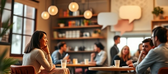 thoughtful lead nurturing, cultivating relationships, engaging with potential clients, photorealistic, cozy cafe with people engaging in lively conversations, highly detailed, animated conversation bubbles, shallow focus, pastel colors, diffused lighting, shot with an 85mm lens.