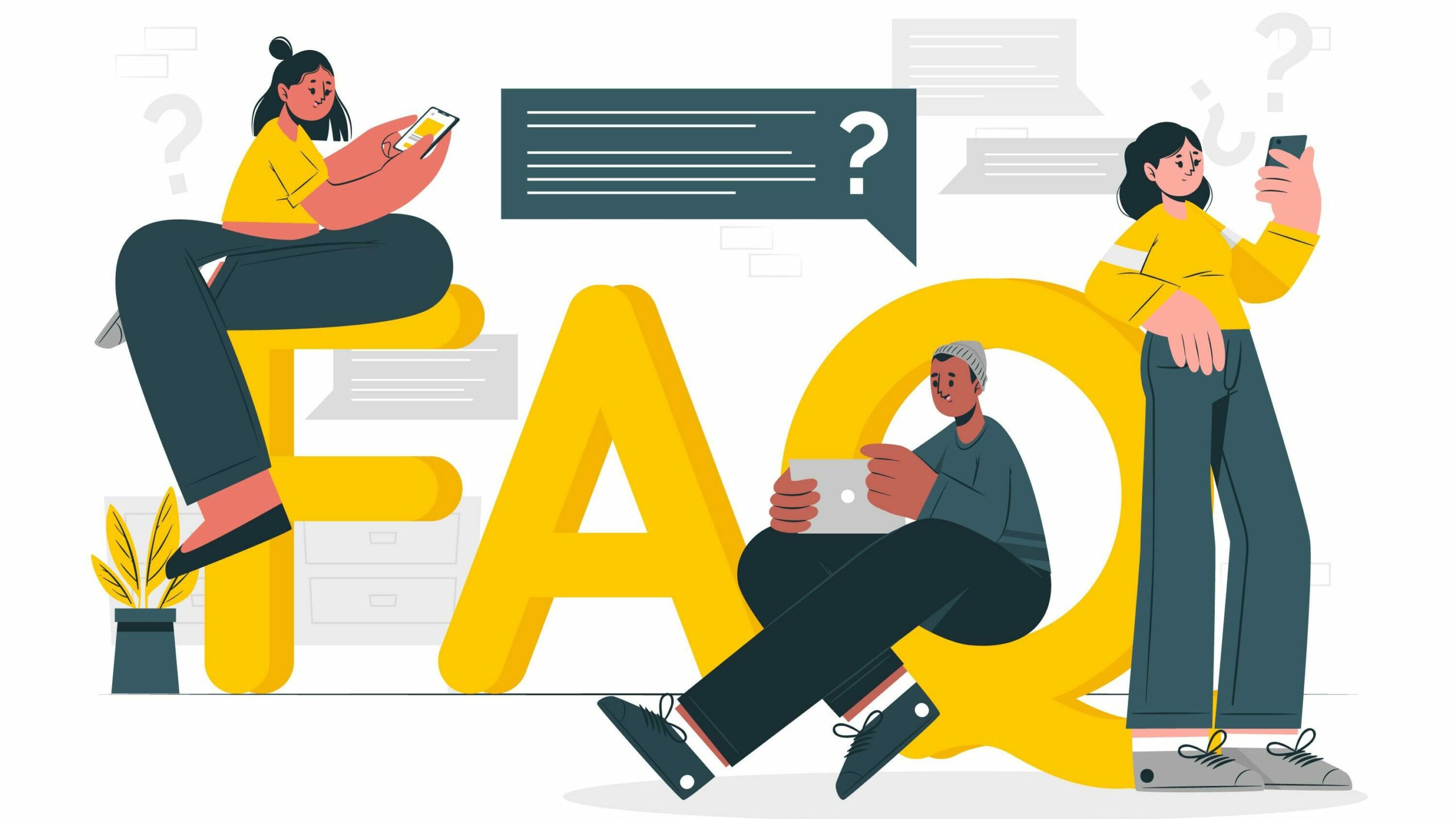 vector image of large yellow FAQ text with people using gadgets